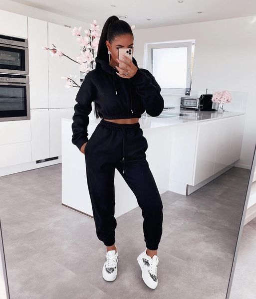 

women's two piece pants women 2 tracksuits sets fall spring solid sportswear long sleeve cropped hoodies+jogger plus size female suits, White