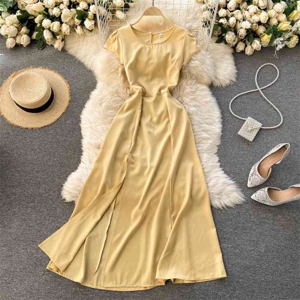 

spring european american retro vestidos female round neck short-sleeved slim waist fashion midi dress c722 210506, Black;gray