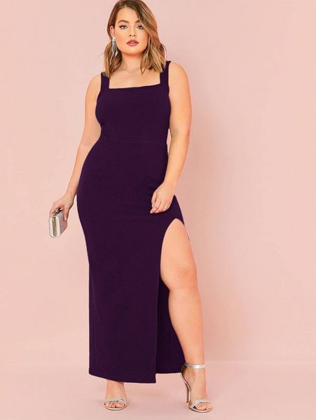 

plus split thigh solid maxi dress i5im#, Black