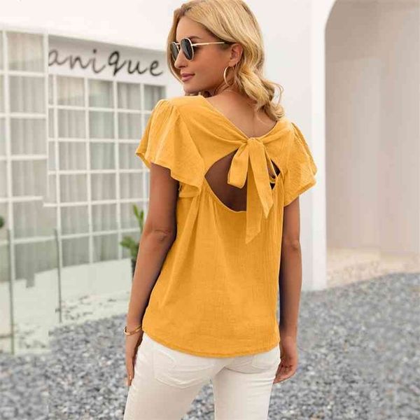 

summer women t shirt casual back hollow out bow tie solid short lotus sleeve basic t-shirt yellow black tshirt tees 210520, White