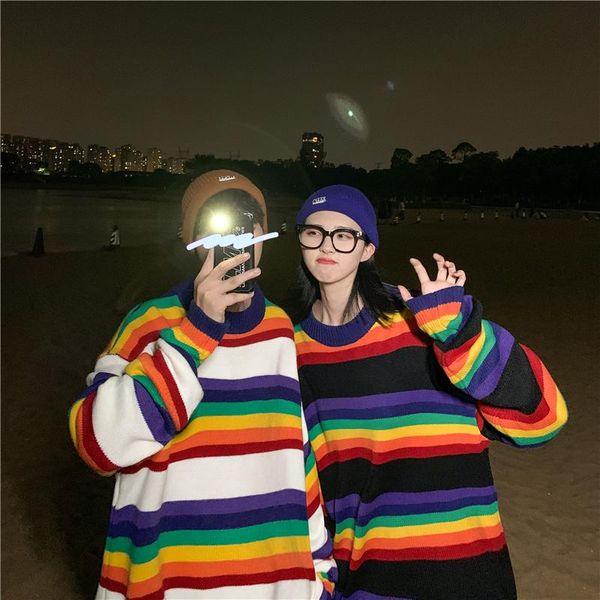 

women's sweaters 2021 women rainbow striped for fall fashion clothing ladies winter jumper university couple crewneck knit pullover, White;black