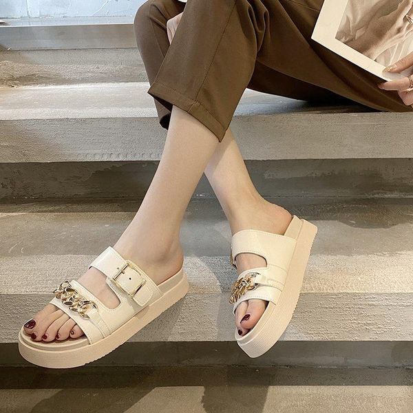 

platform slippers women buckle sandals metal chain open toe summer concise thick sole black beige 2021