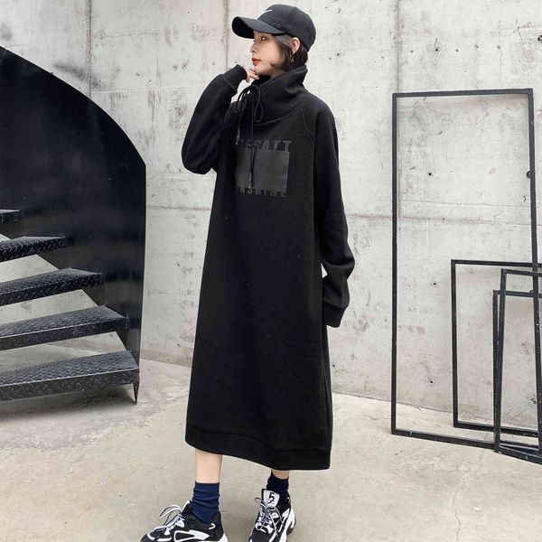 

feminine winter velour sweatshirt with hood rope dress pullover plus size long turtleneck high-gear hoodies, Black