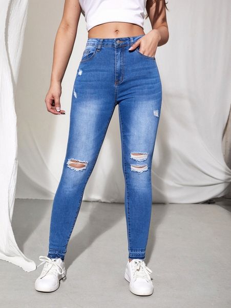 

slant pocket ripped skinny jeans x3cv#, Blue