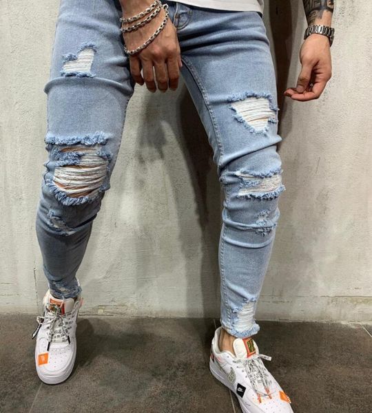 

european and american fall/winter men's knee-hole jeans slim fit feet casual, Blue