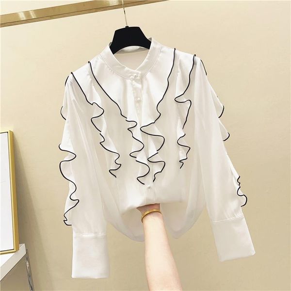 

women's blouses & shirts ruffle stand-collar chiffon shirt spring autumn long sleeve korean style stripe lotus blouse blusa feminina, White