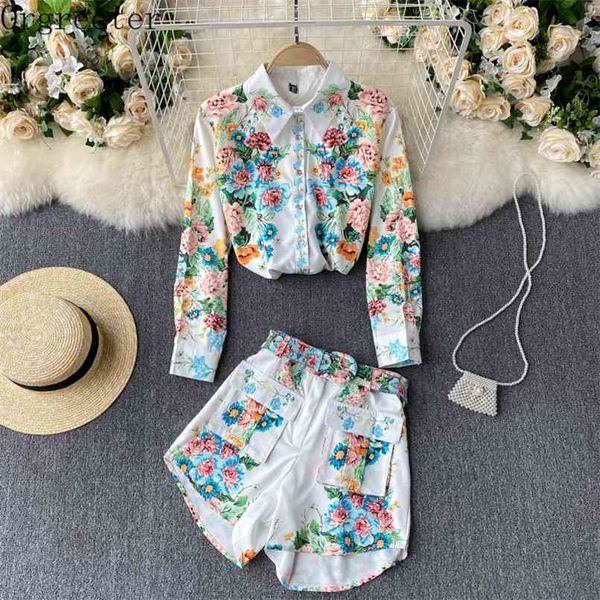 

spring prairie chic printed floral shirt + pocket shorts 2pcs set women single breasted retro blouse belted 210602, White