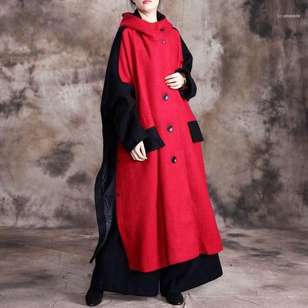 

women's wool & blends johnature women coats hooded patchwork black and red button 2021 winter plus size cloths warm coats1