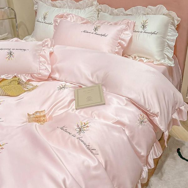 

summer washed ice silk four-piece silky nude sleeping princess style duvet cover sheet fairy bedding sets