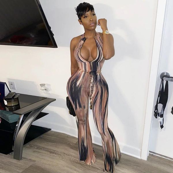 

women's jumpsuits & rompers 2021 women print romper slim sleeveless party clubwear bodysuit stretchy flared jumpsuit for summer, Black;white