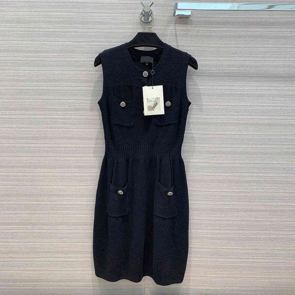 

dress runway fashion knitted women mini summer sleeveless diamond buttons pockets dress high-end solid color casual tank dresses, Black;gray