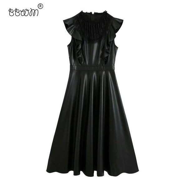 

bbwm women chic fashion lace spliced faux leather dress vintage elegant back zipper pleated dresses vestidos mujer 210520, Black;gray