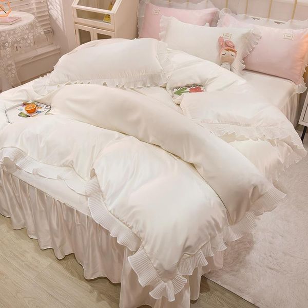 

bedding sets [sheet + quilt cover+ pillowcase] summer ins princess style cool ice silk breathable nordic luxury bed skirt duvet cover