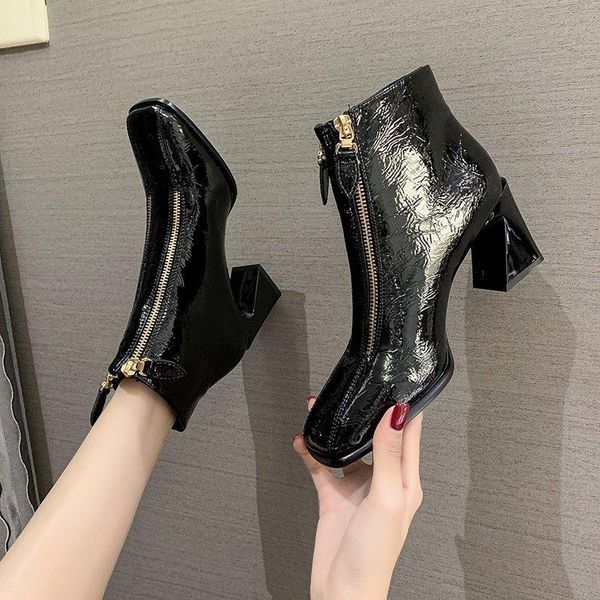 

boots 2021 spring autumn casual high heel shoes round toe chunky platform pumps black leather front zip