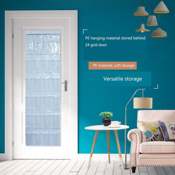 

grid multi-layer door with transparent plastic shoe storage bag on the back wall to store hanging household products boxes & bins