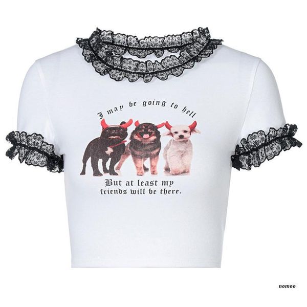 

women's t-shirt women gothic short sleeve crop aesthetic devil puppy dog print ruffles lace patchwork slim tee streetwear, White