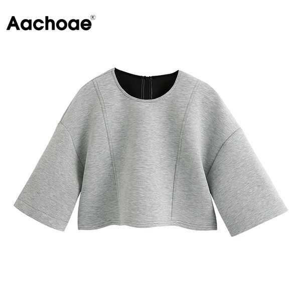 

aachoae loose batwing sleeve gray sweatshirt women o neck pleated cropped back zipper chic pullover hoodies female summer 210413, Black