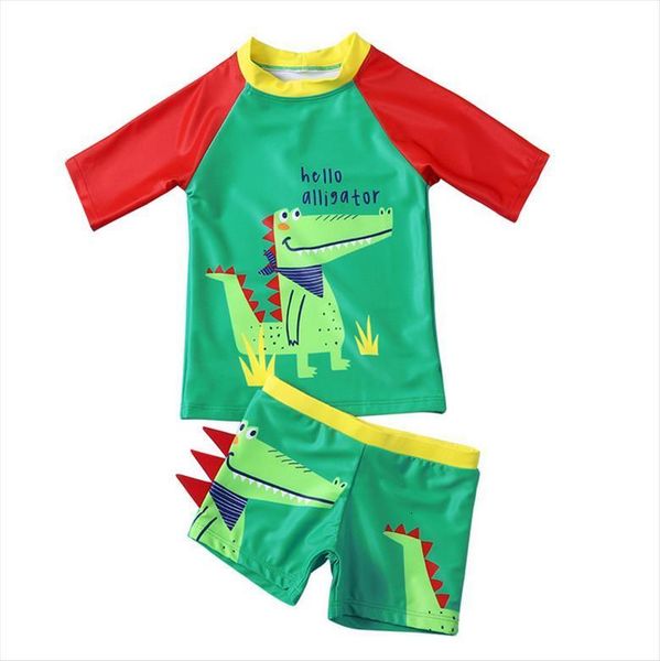 

summer kids baby boy swimming suit shorts short sleeve 2pcs sports casual beach wear dinosaur pattern set, White