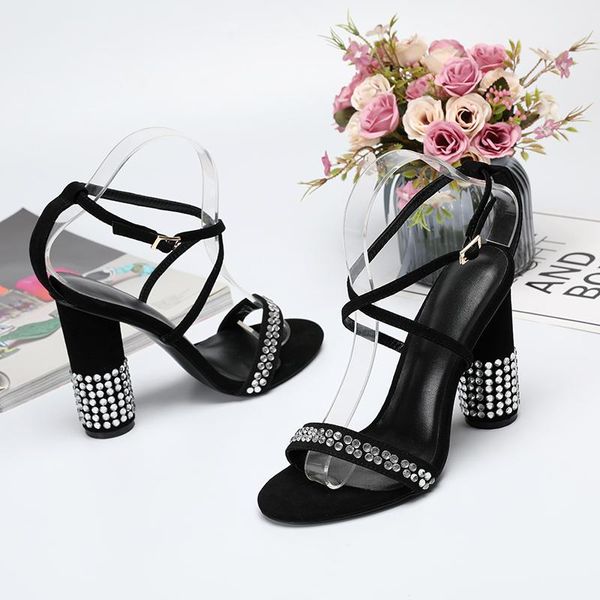 

summer fashion lady black suede crystal strappy high heels sandals shoes stripper