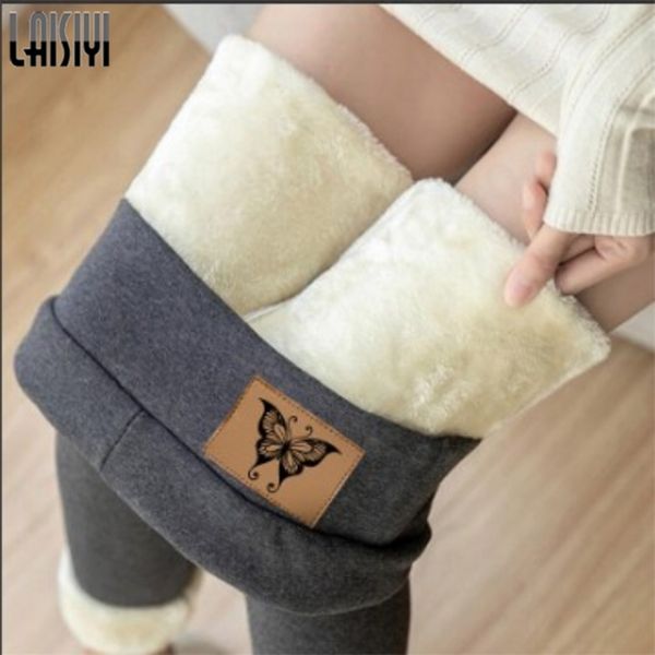 

winter women's leggings sherpa fleece lined thermal skinny legging high waist cashmere plus size s-5xl cold weather warm pants 211215, Black
