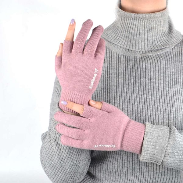 

gloves knitted cold proof and warm dew in autumn winter two finger solid color fashion letter simple elastic wool men, Blue;gray