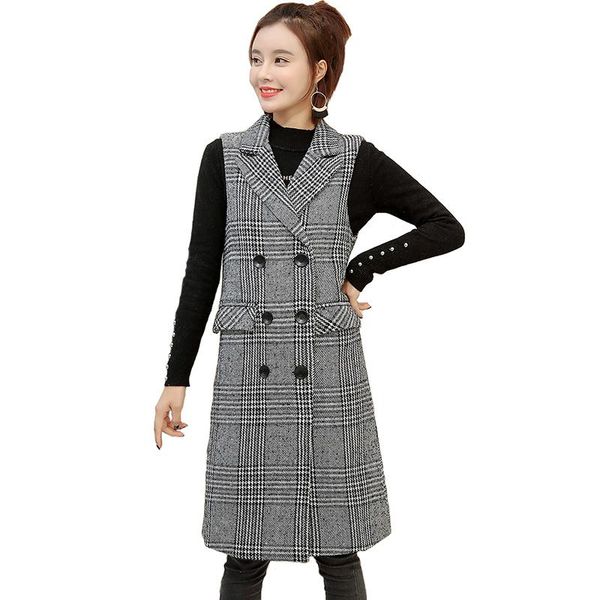 

women's vests 2021 plaid jacket women spring sleeveless long outerwear plus size waistcoat print cardigan slim casual female h790, Black;white