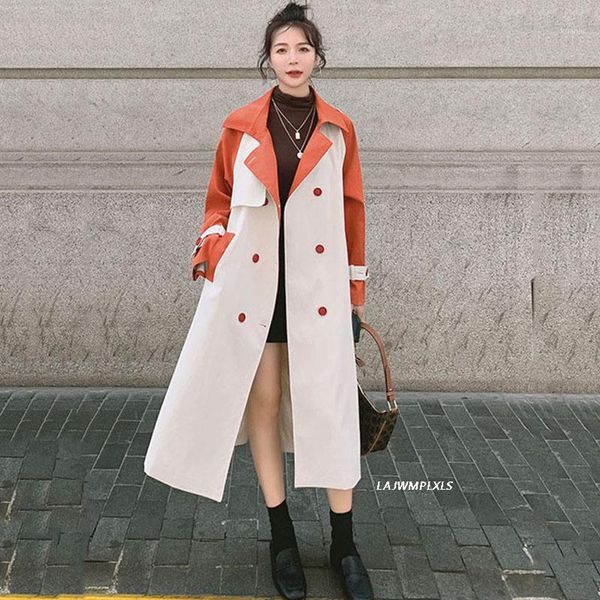 

women's trench coats elegant windbreaker 2021 patchwork coat female spring autumn cloak double breasted belt oversized long overcoat, Tan;black