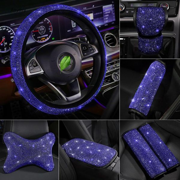

interior decorations rhinestones crystal blue luxury car seat belt cover pad armrest steering wheel auto accessories