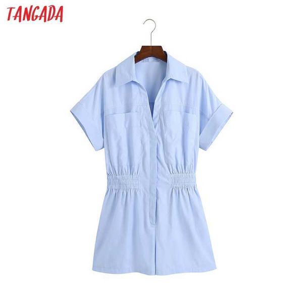 

tangada women vintage blue shirt playsuits summer short sleeve rompers ladies casual chic jumpsuits 6z110 210609, Black;white