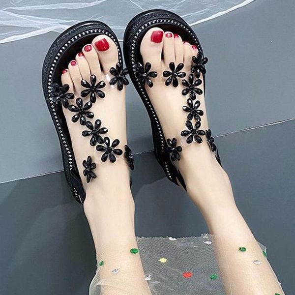 

rimocy fashion crystal wedges sandals for women transparent pvc gladiator shoes woman thick sole ankle strap platform sandalias, Black