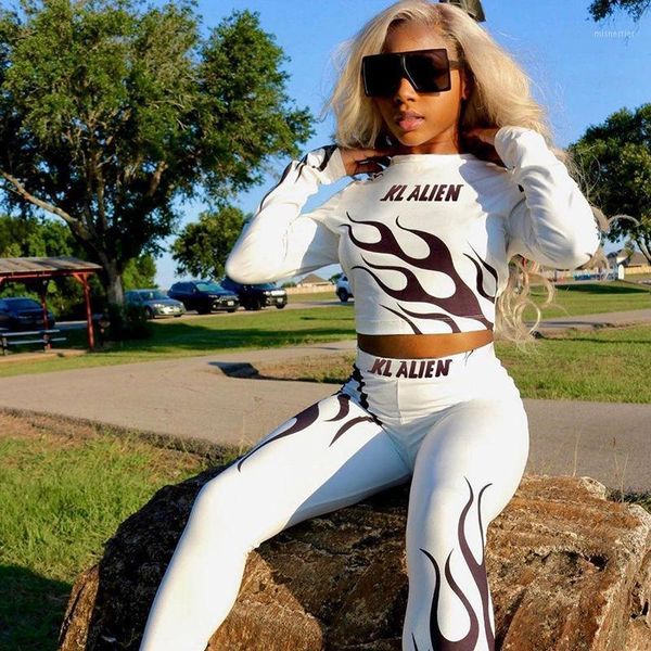 

women's two piece pants gglnoo flame letter print stretchy sets women fall crop +leggings matching tracksuits workout female sportswear, White