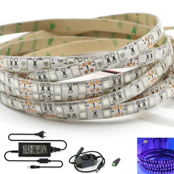 

strips uv led strip light 12v dc smd 395-405nm waterproof ribbon purple flexible ultraviolet tape dimmer switch+12v power adapter