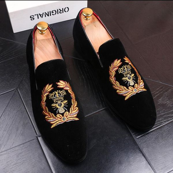 

new luxury brand shoes velvet loafers embroidery note party dress stage men smoking slipper fashion b15, Black
