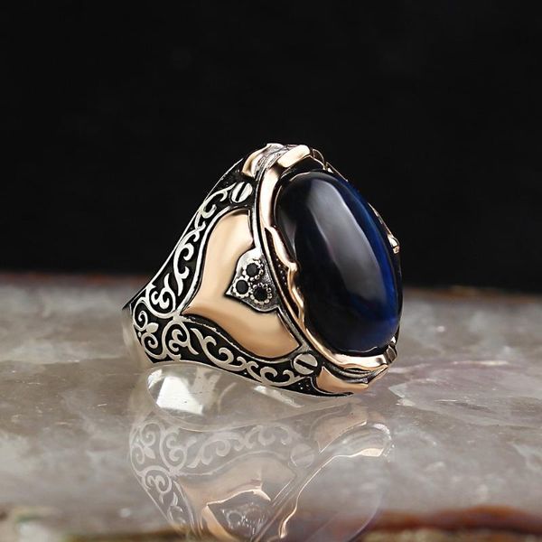 

sterling silver ring for men natural tiger stone, jewelry fashion vintage gift onyx aqeq mens rings all size cluster, Golden;silver