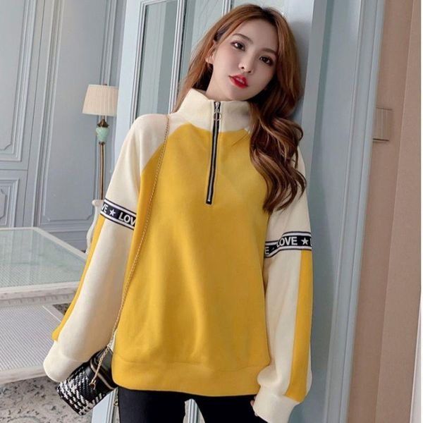 

running jackets plus velvet sweater women fall winter 2021 loose stand-up collar zipper thickening ins korean students all-match coat jacket, Black;red