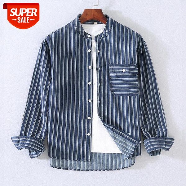 

japanese style stand-up collar cardigan men's shirt casual light retro long-sleeved cotton striped jm080 #vj0w, White;black