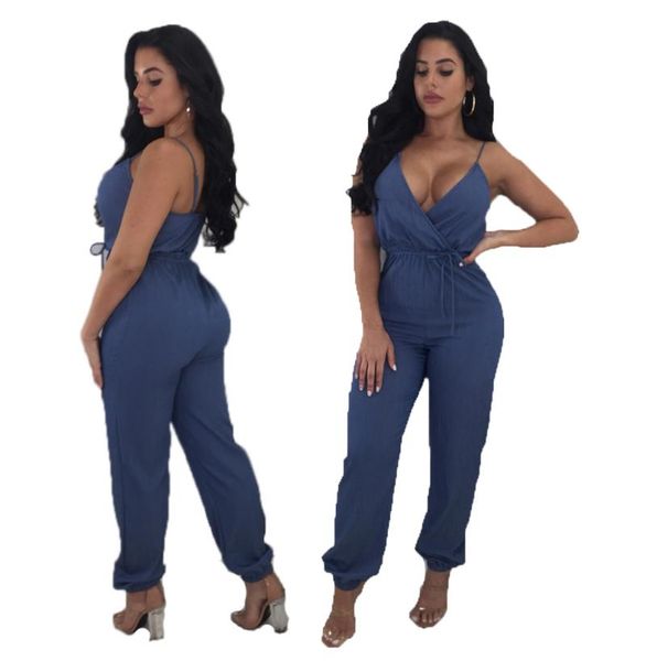 

women's jeans fashion straps low chest deep v-neck wide pants oversize jumpsuit one-piece skinny sleeveless jumpsuits, Blue