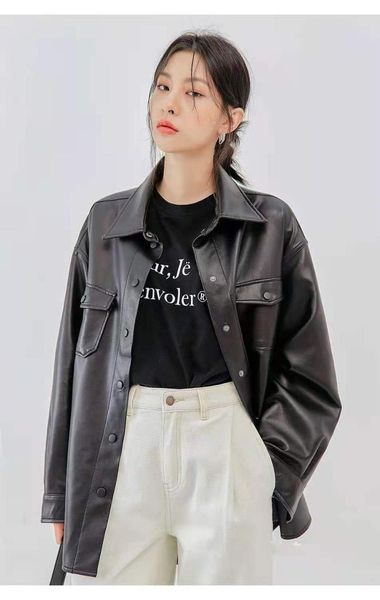 

women's leather & faux women 's 2021 spring and autumn korean style black retro lapels long sleeve cardigan jacket