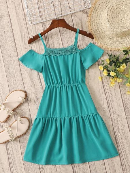 

toddler girls guipure lace insert cold shoulder ruffle hem dress she, Red;yellow