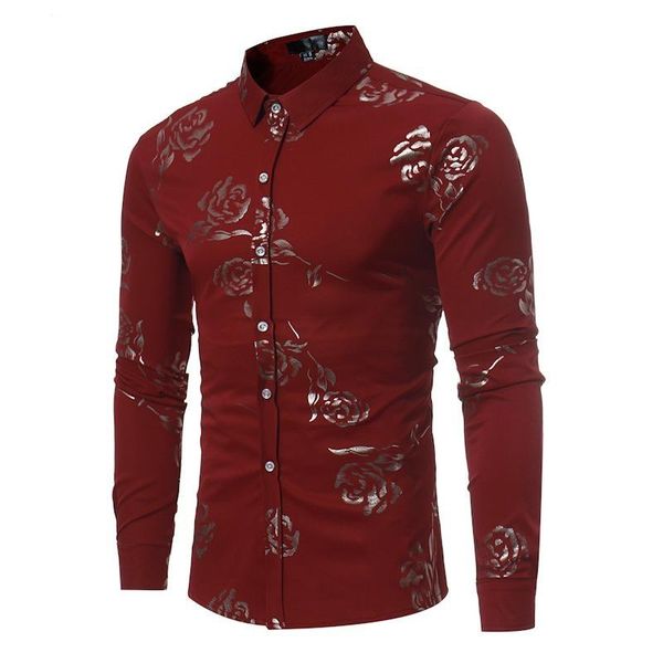 

mens rose flower print dress shirts 2021 brand long sleeve tuxedo shirt men casual business button down chemise homme men's, White;black