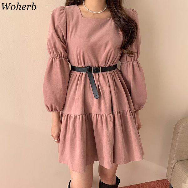 

korean corduroy square collar dresses puff long sleeve high waist pleated a-line dress causal elegant women belt vestidos 210417, Black;gray