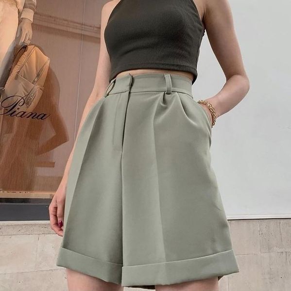 

women's shorts 2021 fashion casual wide-leg loose trousers material flanging with pockets zipper buttons solid color, White;black