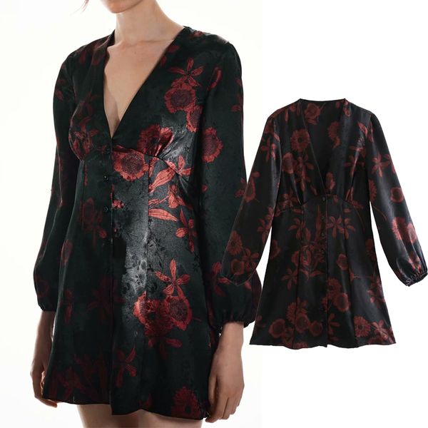 

casual dresses fashion retro flower printing long sleeve ladies v-neck slim vestidos spring mini l6nw, Black;gray