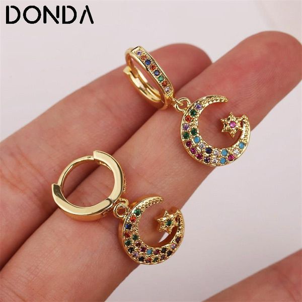 

hoop & huggie fashion multicolor cz zircon cubic zirconia earrings for women trendy gold color copper metal star moon hanging earring, Golden;silver