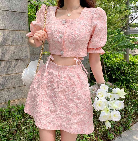 

two piece set women summer square collar puff sleeve short shirt +hight waist a-line solid mini skirt suits 210514, White