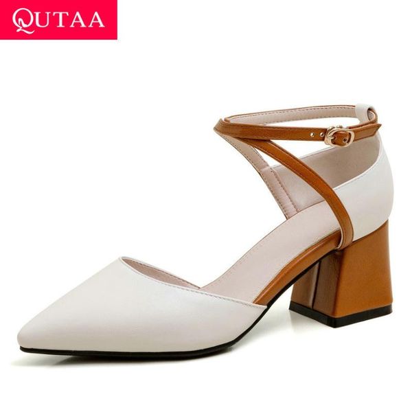 

dress shoes qutaa 2021 pointed toe square high heel buckle women spring summer pu leather fashion cut outs ladies pumps size 34-42, Black
