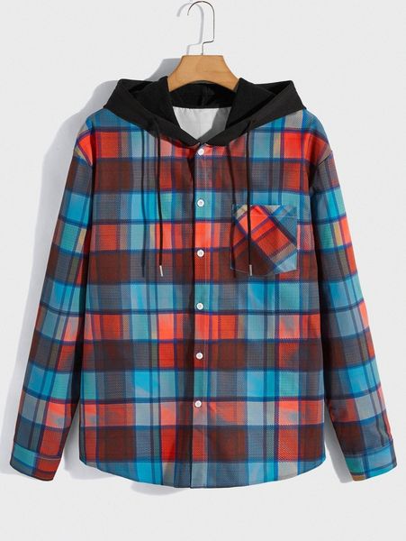 

romwe guys plaid drawstring hooded shirt y3kl#, White;black