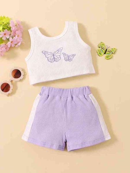 

baby butterfly embroidery tank & contrast side seam shorts she, White