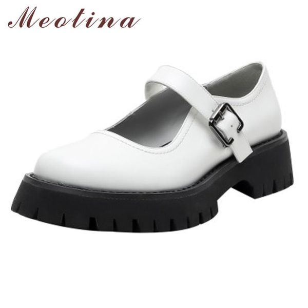 

meotina genuine leather platform mid heel pumps round toe mary janes shoes women buckle strap chunky heels footwear white 33-40 dress, Black