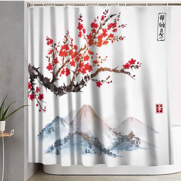 

shower curtains cherry blossoms and mountains curtain bathroom decoration